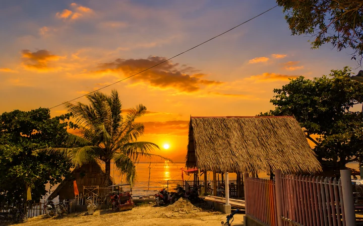 The sun setting over Dumanquillas Bay behind a nipa hut and coconut palms on the Bacayawan shoreline, Dimataling.