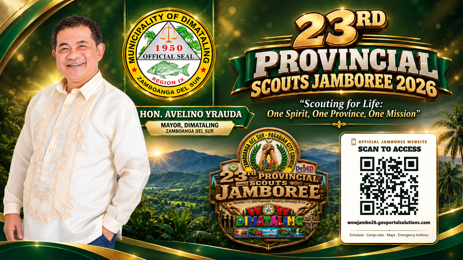 23rd Provincial Scouts Jamboree 2026 in Dimataling, Zamboanga del Sur, 2–6 September 2026, featuring Hon. Avelino Yrauda, Mayor of Dimataling.